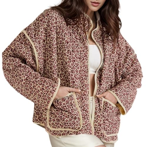 Yimoon Women's Cropped Puffer Quilted Jacket Vintage Floral Print Open Front Lightweight Short Jacket Outwear