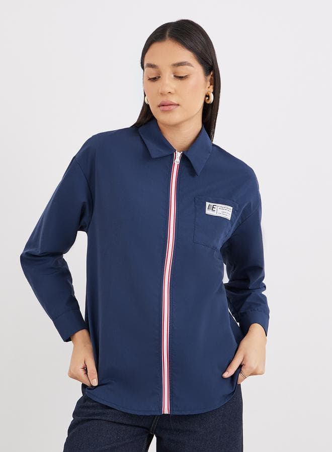 Contrast Zipper Oversized Long Sleeve Shirt