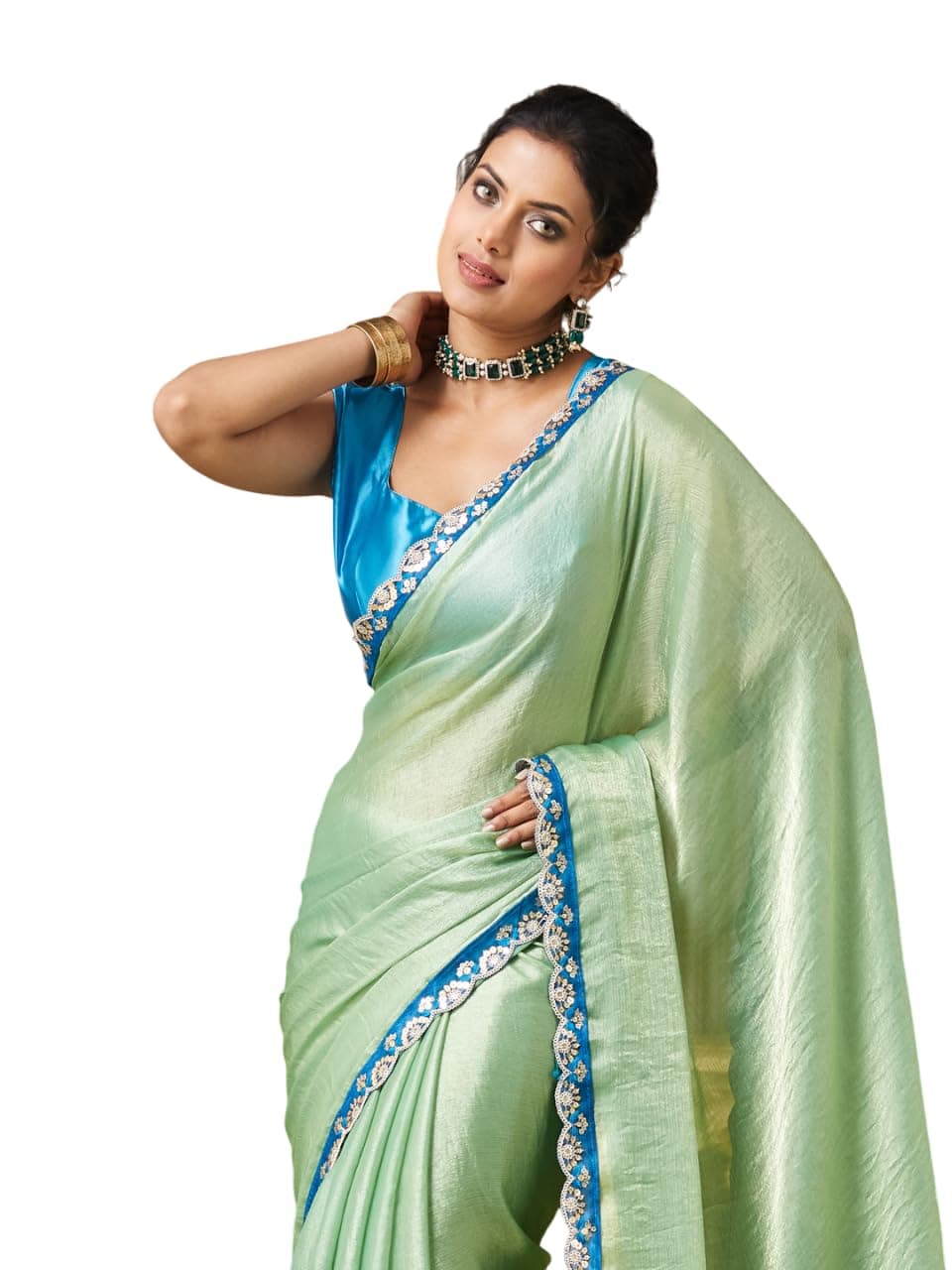 ORHANS Green Pure Chiffon Saree - Embellished Solid Satin Fabric With Blouse - Designer Party Wear Saree