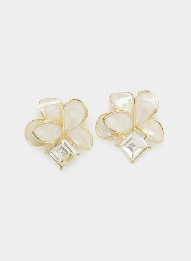Gold-Tone Floral Earrings with Crystal Accent