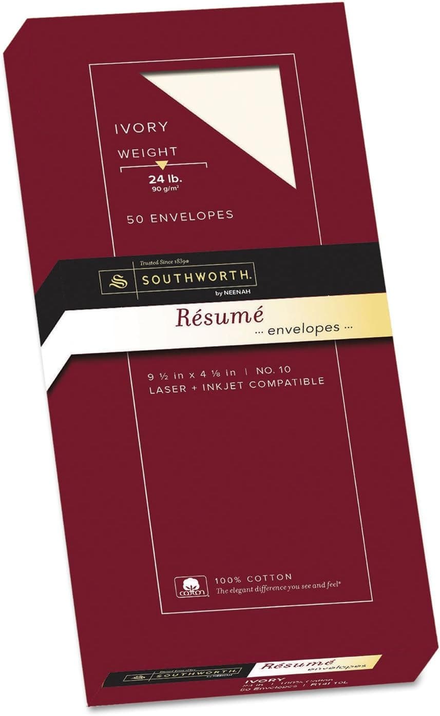 Southworth Company Products Resume Envelopes LaserInkjet No 10 24lb 50PK Ivory Sold as 1 BX Exceptional Resume Envelopes are designed for use with Southworth Exceptional Resume Paper for a professional organized and credible presentation Made of 100 percent cotton Acidfree paper of No 10 envelope