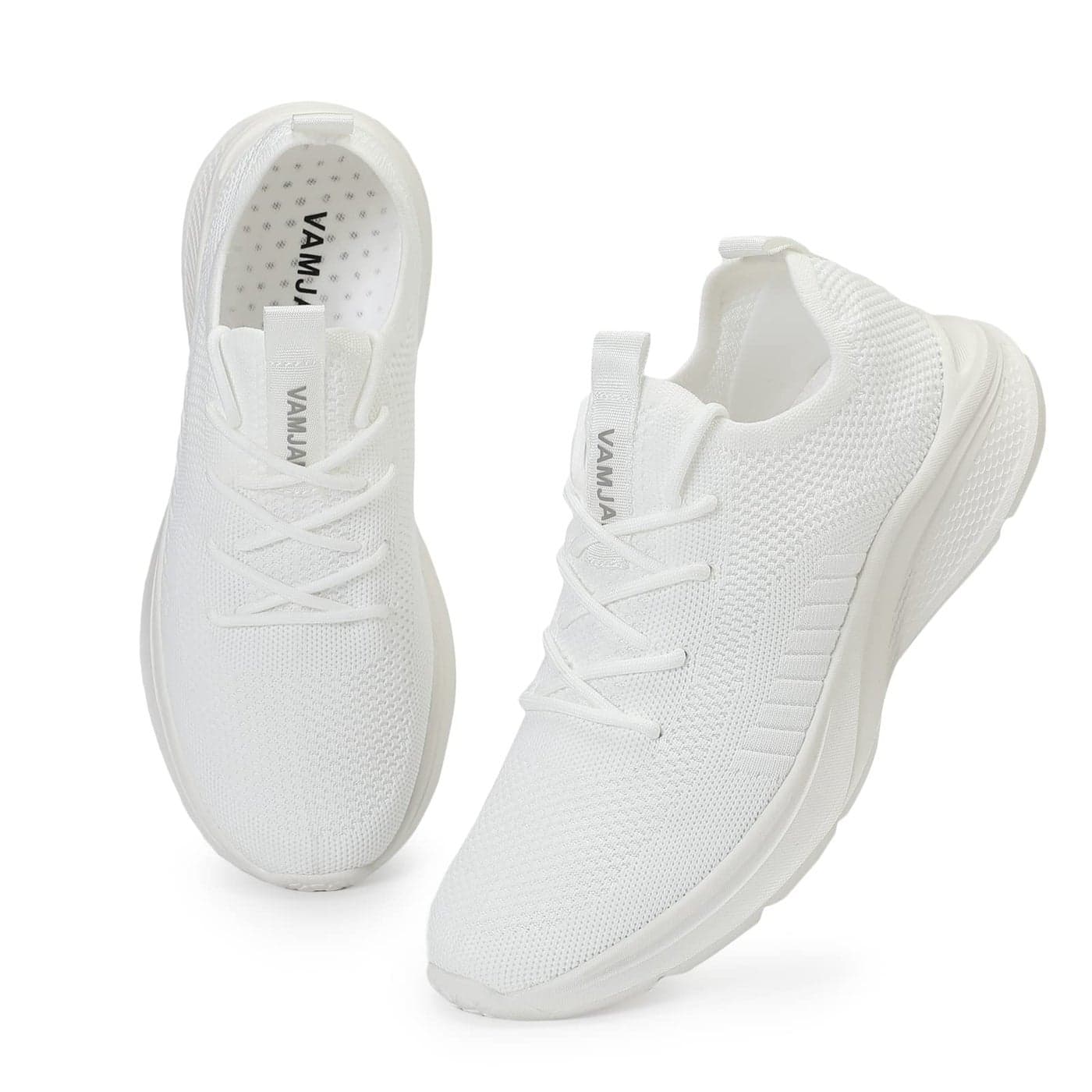 VAMJAM Mens Running Shoes Fashion Sneakers Lightweight Breathable Flying Knitting Lace Up Mesh Walking Shoes Workout Casual Sports Shoes White Size 95
