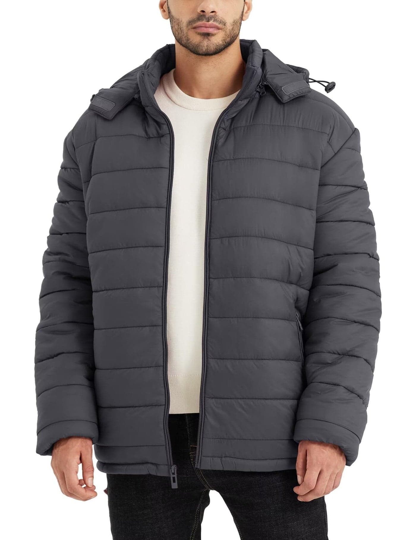 BEST SOUTH Men's Winter Puffer Jacket Hooded Puffy Fleece Warm Lightweight Coat Outerwear Cold Weather Volcanic Ash Grey X-Large