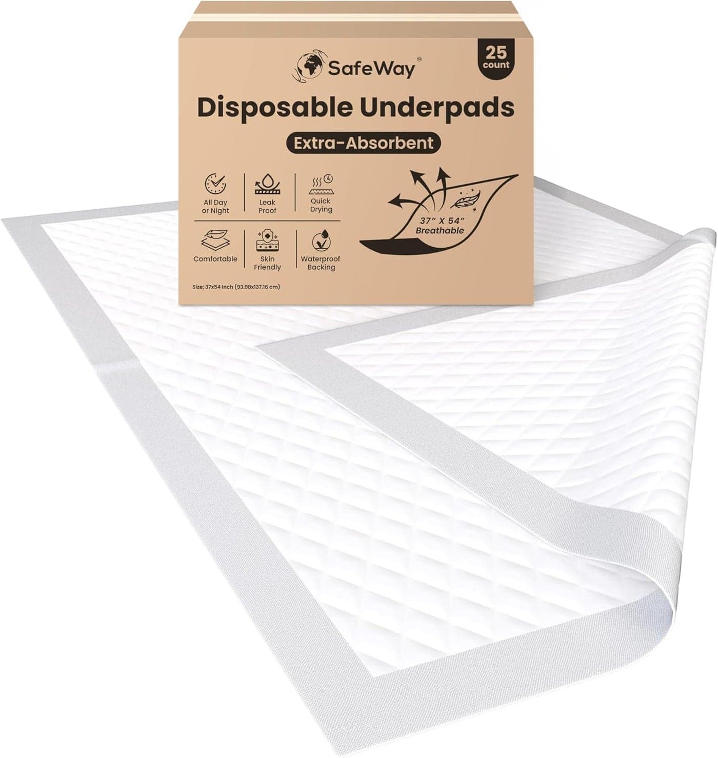 SafeWay 37 x 54 Underpads - Premium Disposable Waterproof Bed Pads for Adults, Medical-Grade Incontinence Protection, Hypoallergenic, Ultra Absorbent, Overnight Use, Triple Coverage Supp 400 Lbs 25 Ct