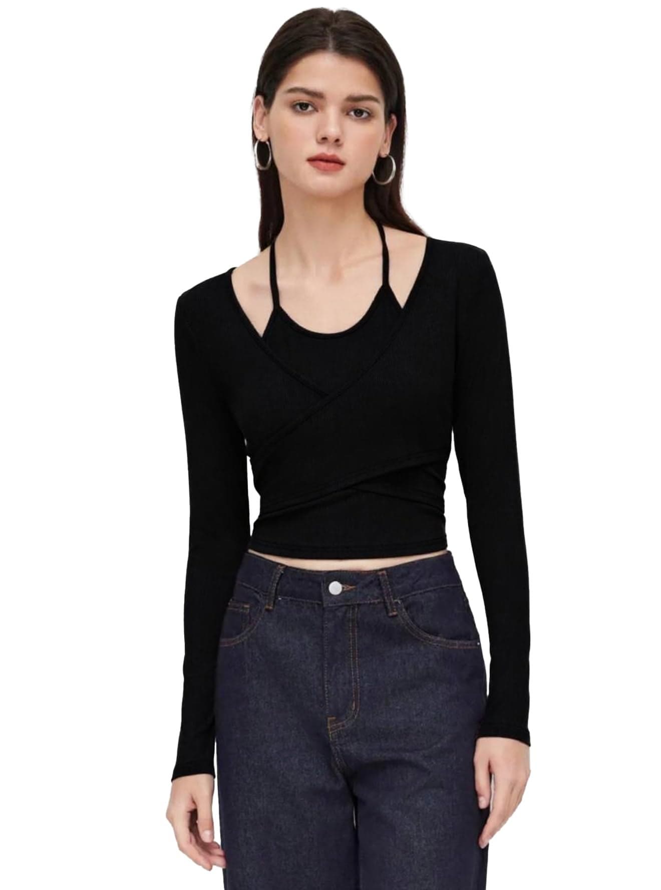 Istyle Can Women’s Halter Neckline Knotted Cross-Wrap Crop Top | Long Sleeve Fake Two-Piece Rib Knit Slim Fit Top | Solid White, Black, Brown | Y2K / Acubi Style (in, Alpha, S, Regular, Black)