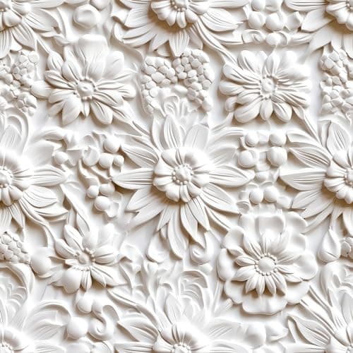ReWallpaper Embossed Floral Wallpaper Modern Faux 3D Wall Panels Peel and Stick Wallpaper Cream White Flowers Wall Paper Stickers for Bedroom Bathroom Waterproof Contact Paper for Walls 17.5in×10ft