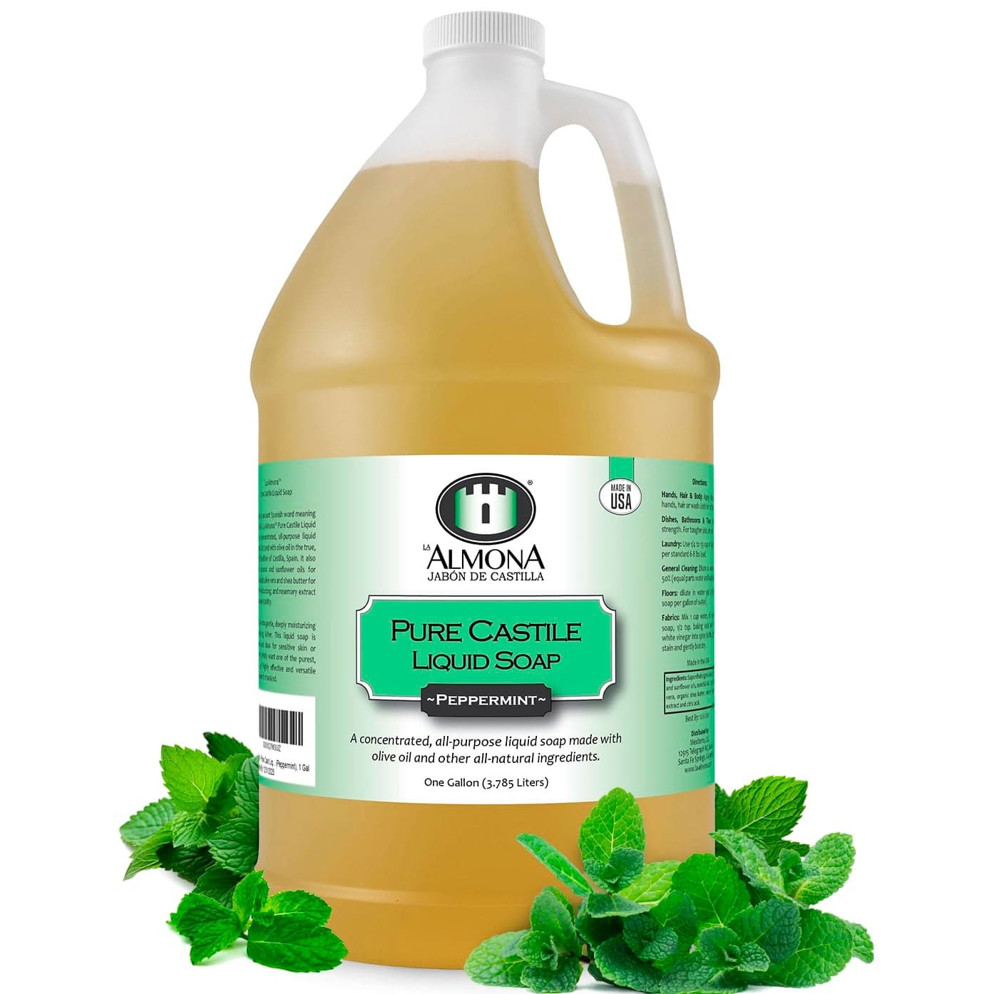 Pure Castile Liquid Soap PEPPERMINT 1 Gallon Multipurpose Hands Face Body Laundry Dishes More For Sensitive Skin Natural Ingredients Scented with Essential Oils