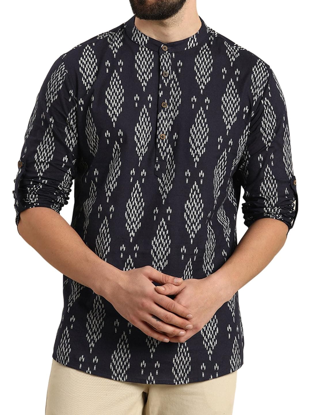 Zombom Men's Cotton Polyester Blend Solid Regular Fit Full Sleeve Printed Short Kurta | Ethnic, Lightweight Summer Kurta for Daily & Occasion Use | Men's Trendy Short Kurta Navy Blue