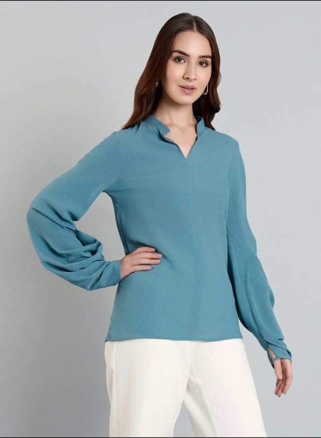 Mish Solid Balloon Sleeve Mandarin Collar Blouse