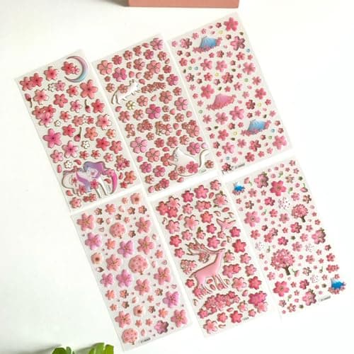 PROBABE Plastic Cherry Blossom Puffy 3D Stickers Set for Kids – 6 Sheet Floral Aesthetic Manuall Stickers for Scrapbooking, Journaling, Crafts – Cute Spring Nature Theme with Animals & Flowers