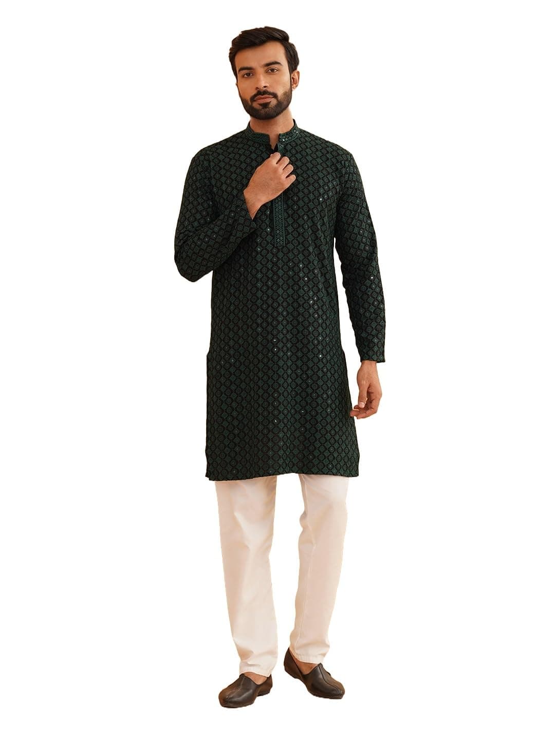 SOJANYA (Since 1958 Men's Cotton Gold Embroidered Sequinned Green Kurta with White Churidar Pyjama