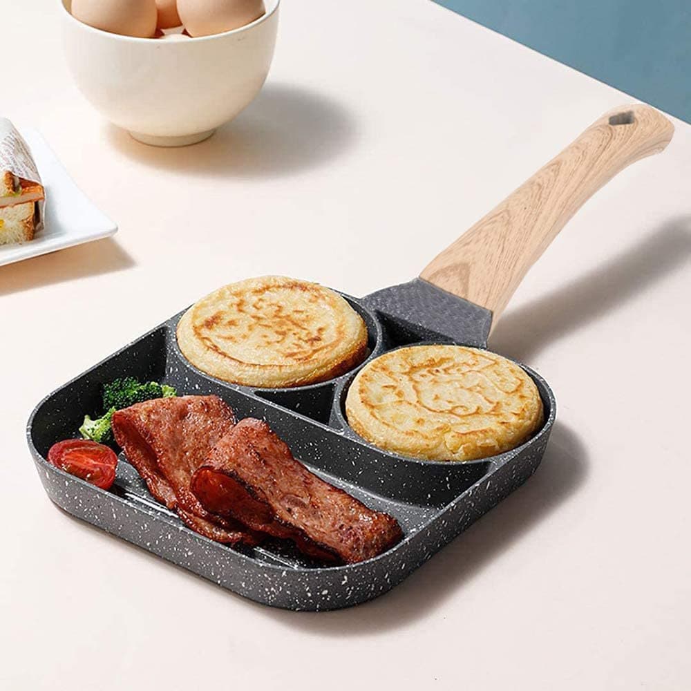 Drumil 4 Holes NonStick Egg Frying Pan with Detachable Wooden Handle Multipurpose Frying Pan for Omelet Uttapam Idli Burger Poached Egg Kitchen Breakfast