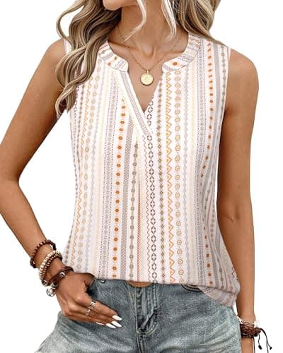 Timeson Womens Sleeveless Blouse,Women's Business Casual Tanks Tops V Neck Dress Shirts Professional Office Wear Clothes Ladies Chiffon Tunics Tops Junior Dressy Camisole Loose Sheer White Bohemian L