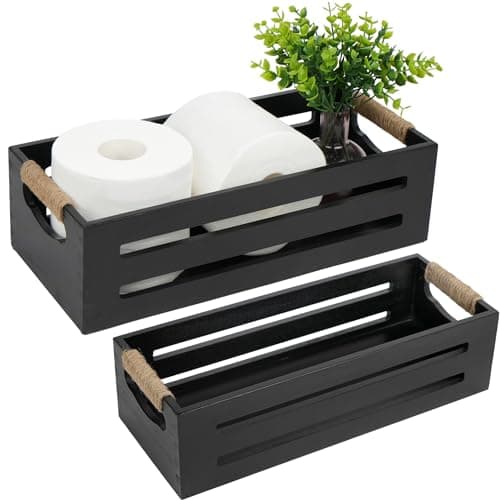 LotFancy Bathroom Decor Box 2 Pack Toilet Tank Topper Basket Wooden Bathroom Basket Back of Toilet Storage Basket Black Farmhouse Toilet Paper Holder