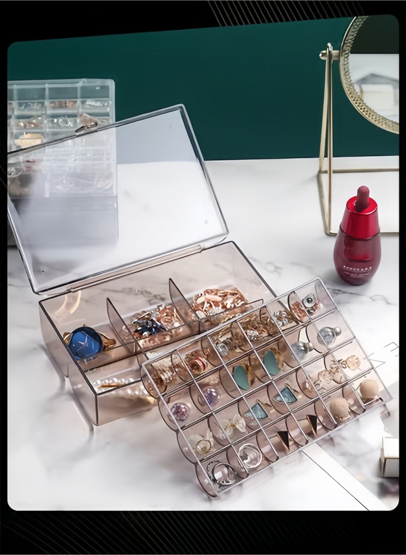 Clear Acrylic Jewelry Organizer with 2 Drawers and 30 Grids - Small, Dustproof, 2 Layers for Earrings and Rings - Travel Case for Women and Girls