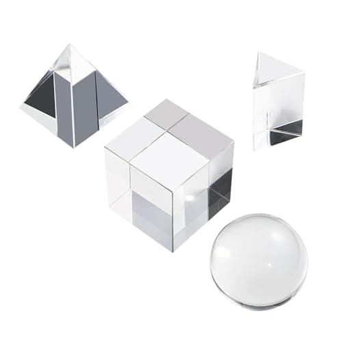 4 Pack K9 Optical Crystal Photography Prism Set, Include 50mm Crystal Ball, 50mm Crystal Cube, 50mm Triangular Prism, 50mm Optical Pyramid with Wiper Cloth and Box, Photography Accessory for Teaching