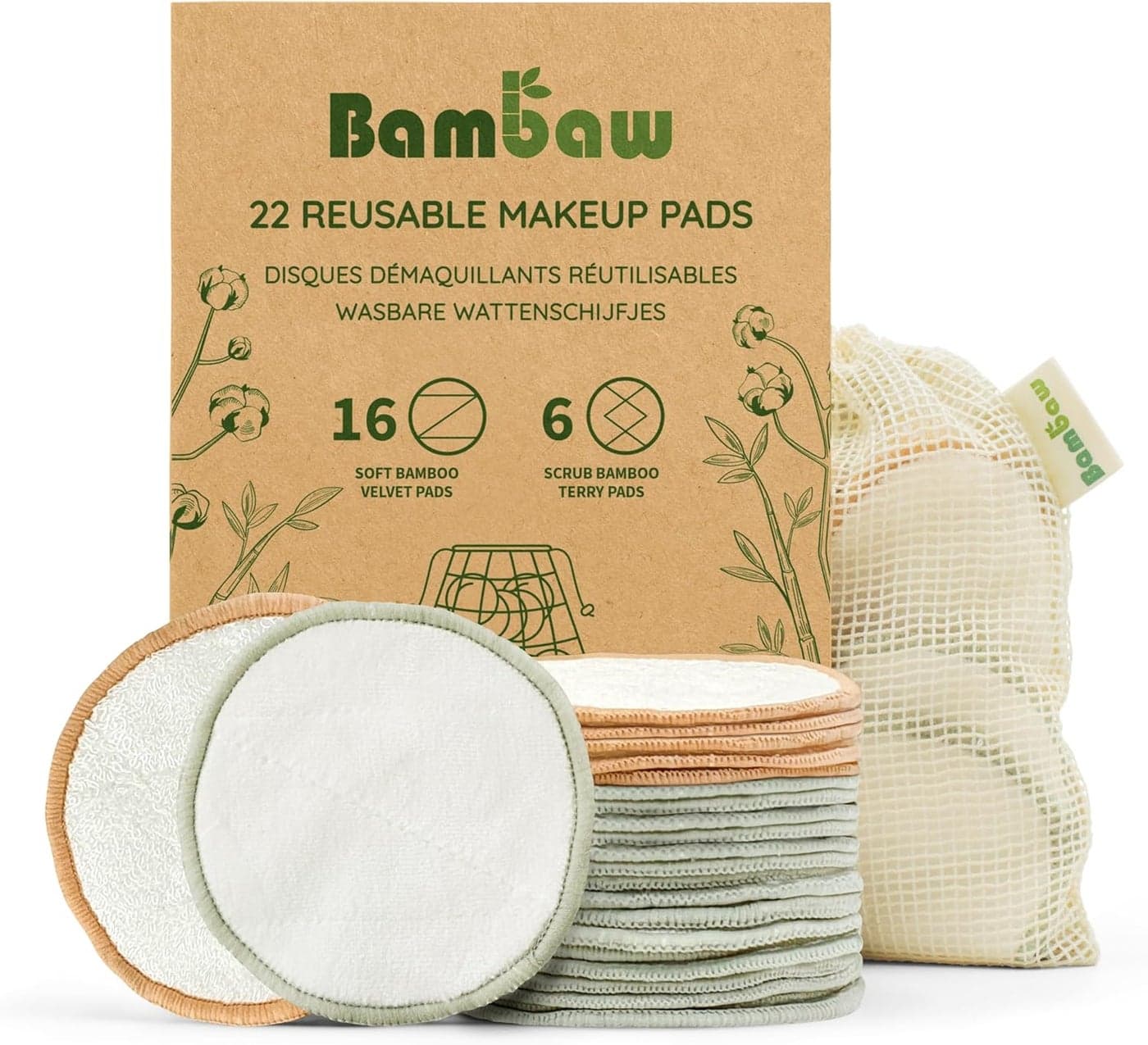 Bambaw Reusable Makeup Remover Pads | 22 Cotton Rounds, 1 Bag for Laundry & Storage | Cotton Rounds for Face | Eye Makeup Remover Pads | Reusable Cotton Rounds | Cotton Pads | Cotton Pads for Face