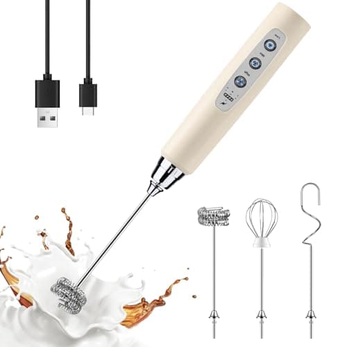 YUSWKO Beige Handheld Milk Frother Wand for Coffee Rechargeable Electric Whisk with 3 Heads 3 Speeds Drink Mixer Coffee Frother For Latte Cappuccino Hot Chocolate Egg