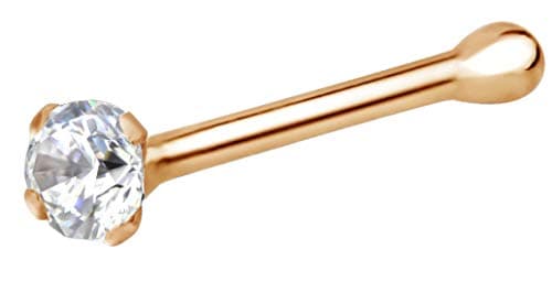 Forbidden Body Jewelry FBJ 14k Rose Gold Nose Ring, 22g, Solid 7mm Micro Stud, 1.25mm CZ Simulated Diamond, Non-Irritating Skin Safe Real Gold, Women/Men (Sold Individually)