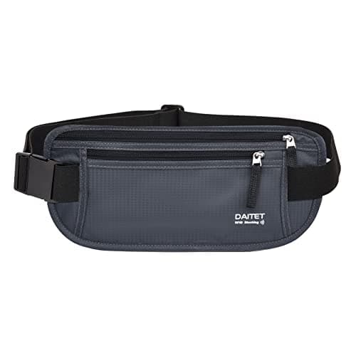 RFID Blocking Money Belt for Men Women, Slim Fanny Pack for Travel,Running,Conceal Waist Wallet for Passport Holder,Phone,Cash(Black Dark Grey)