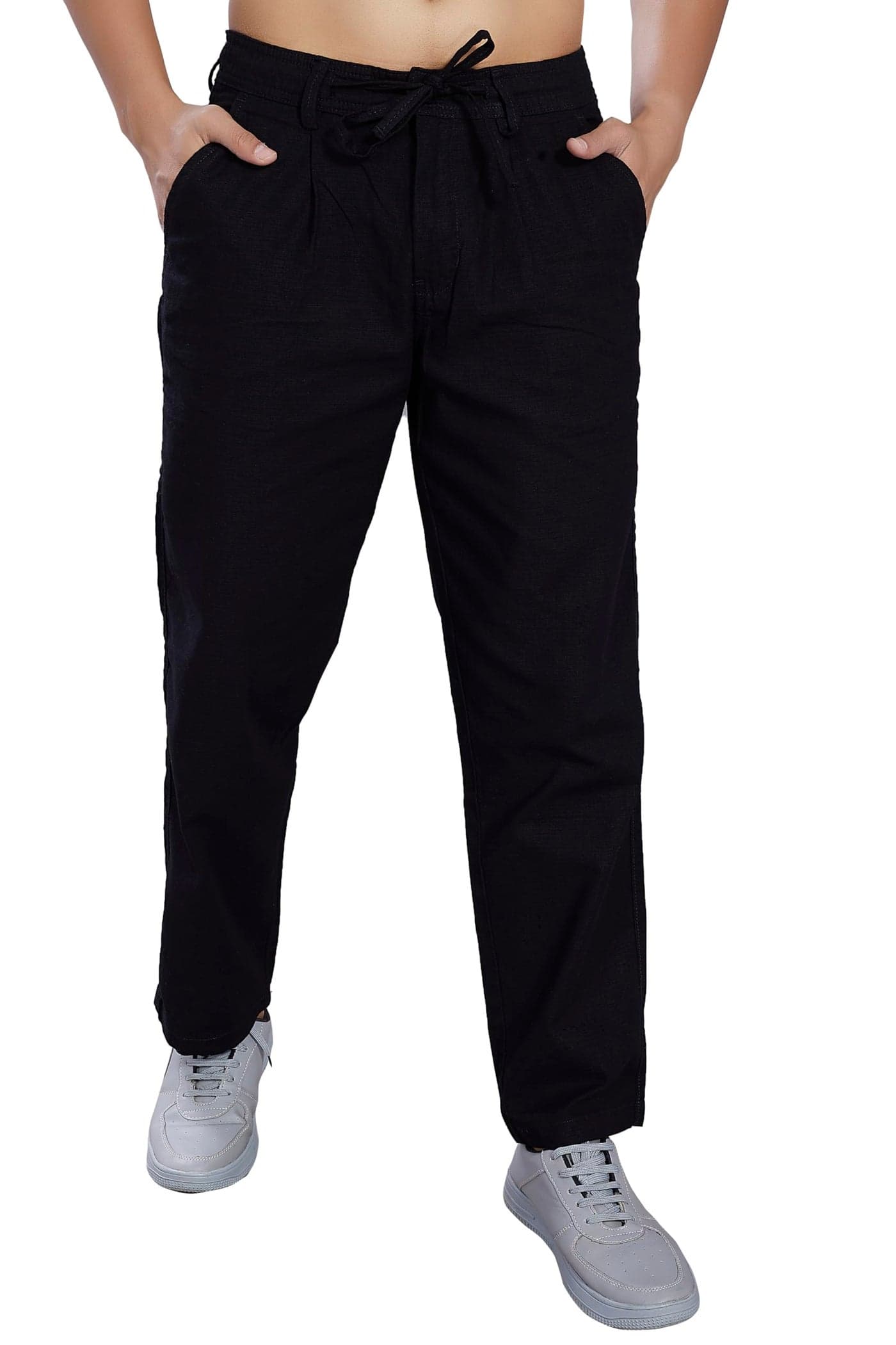DIVISIVE Men's Relaxed Fit Front Pleated Cotton Linen Blend Trousers (DPT32_34_Black)