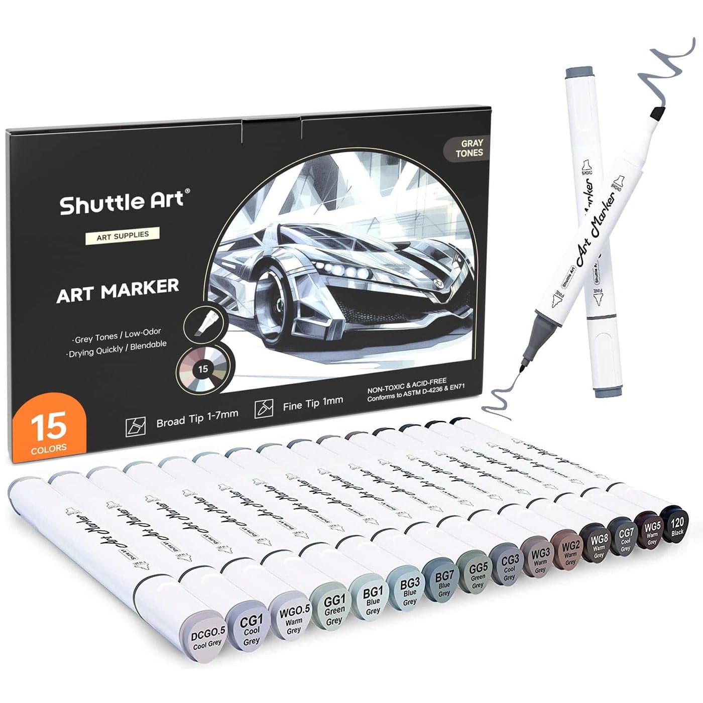 Shuttle Art 15 Colors Grey Tones Dual Tip Art Marker Alcohol Based Marker Pens Double Ended with Fine and Chisel Point Tips Perfect for DrawingShadingSketchingDesigningOutliningIllustrating