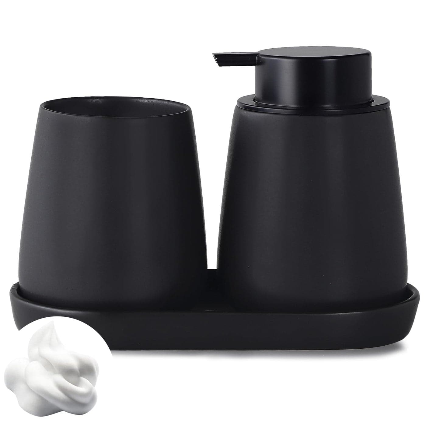 Eyrozia Matte Black Bathroom Accessory Set 3pcs Ceramic Soap Dispenser Set Vanity Countertop Accessories Set Includes Refillable Foaming Hand Soap Dispenser Toothbrush Holder and Tray Foam Pump