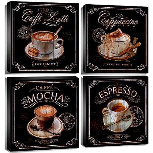 Vintage Coffee Wall Decor Kitchen Bar Wall Art Retro Coffee Picture Brown Latte Mocha Espresso Cup Cafe Signs Canvas Painting Modern Artwork for Dining Room Restaurant Office Home Decoration 16x16" 4P