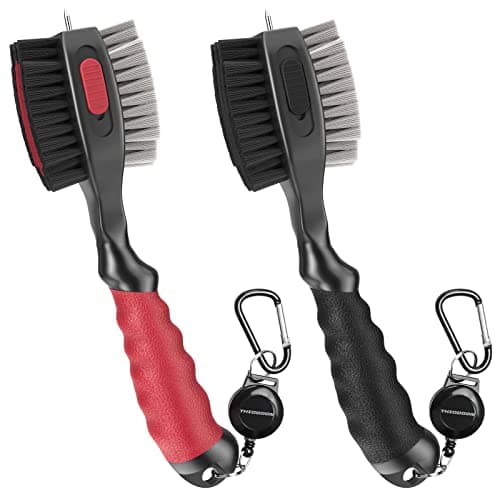 THIODOON 2 Pack Golf Club Brushes and Groove Cleaner with Magnetic Keychain Oversized Golf Brush Head and Retractable Spike Super Non-Slip Handle Comfortable Grip Golf Club Cleaner (2pcs Black Red)