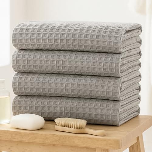 SmoothNovelty 4 Pack 100% Cotton Waffle Bath Towels 28 x 55 Inch Oversize Waffle Weave Towel Quick Dry Absorbent Soft Lightweight Blanket for Bathroom Shower Spa Yoga Beach Pool Travel, Gray