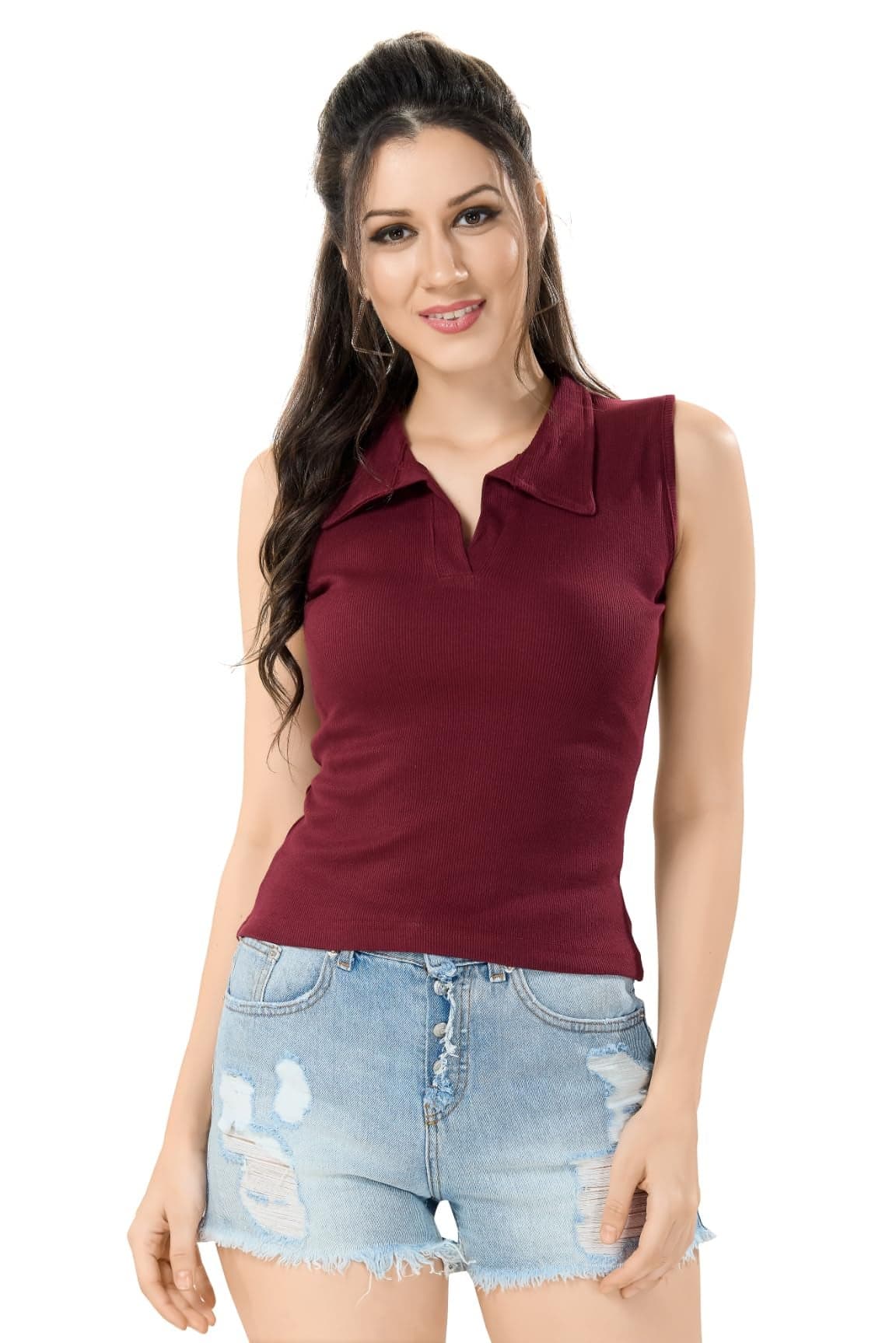 TRASA Women's Sleeveless Rib Knitted 100 Percent Cotton Racer Back Slim Fit Tank Tops Collared Neck Crop Tank Tops - Maroon - Large