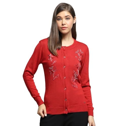 Monte Carlo Womens Self Design Red Round Neck Full Sleeve Cardigan_1243582RN-2