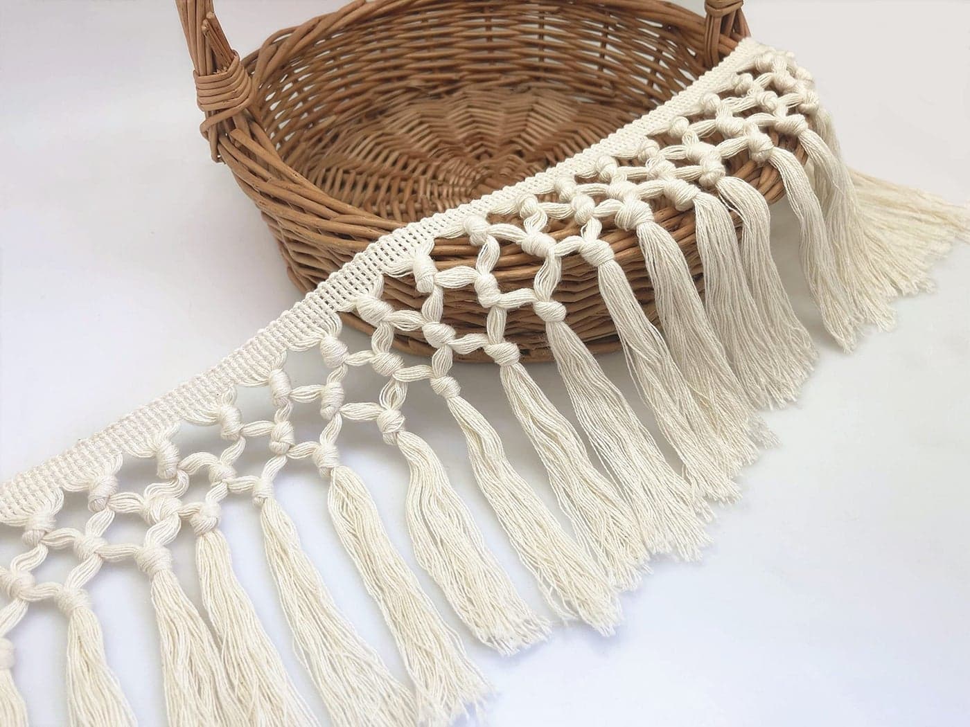 FQTANJU 3 Yards 14cm Wide Tassel Trim Cotton Tassel Fringe Boho Macrame Tassel Ribbon for Sewing Accessories DIY Crafts and Home DecorationBeige