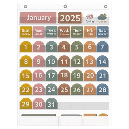 REGELETO Large White Calendar Pocket Chart with Boho 96 Cards for Classroom, Size:32.25 x 24.13 inch Monthly Calendar and Weather Pocket Chart for Kids Learning for Home or Kindergarten(White)
