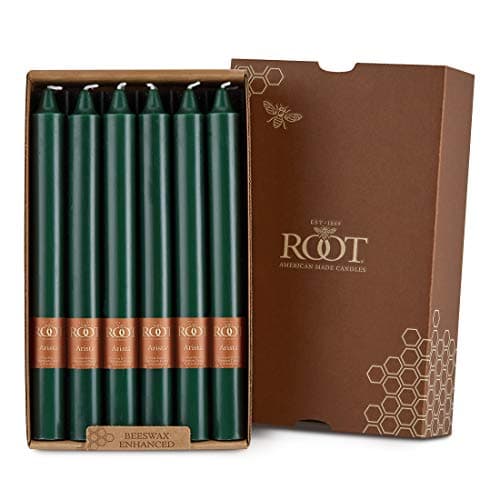 Root Candles 12-Count Unscented Dinner Candles Dripless Beeswax Enhanced Smooth Arista™ Boxed Candle Set, 9-Inch, Dark Green