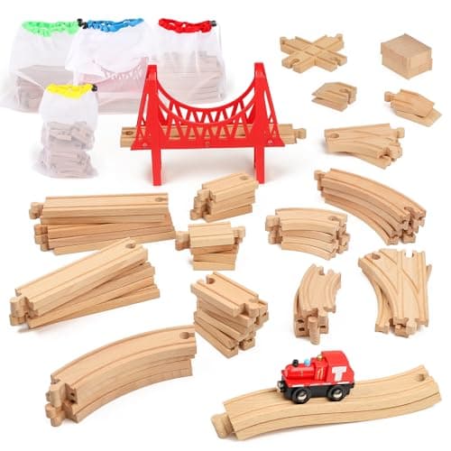WudBudz Wooden Train Tracks 60 Piece Set Track Expansion Accessories for Toddlers 35 100 Compatible with All Major Brands Including Thomas Brio Wooden Railway System