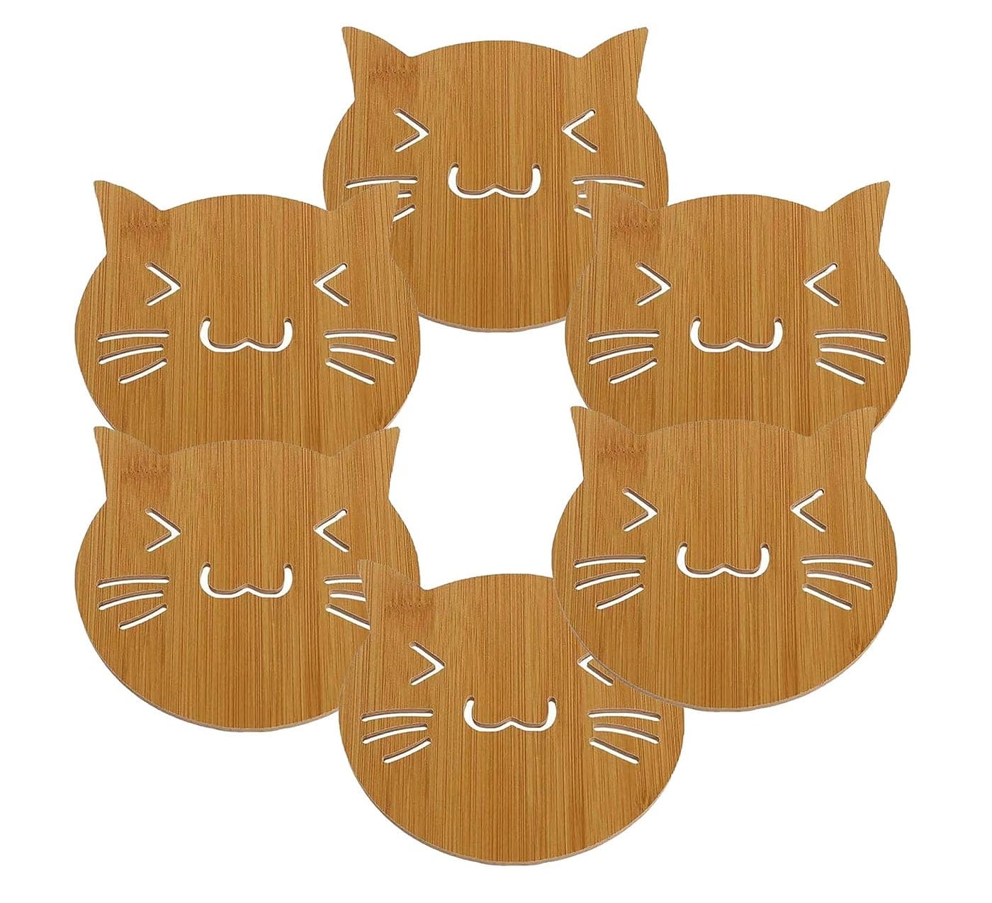 pepplo Set of 6 Coasters for Drinks Non-Slip Natural Wood Coasters for Coffee Table, Hot Drinks, Housewarming Gifts (Set of 6, Cat)