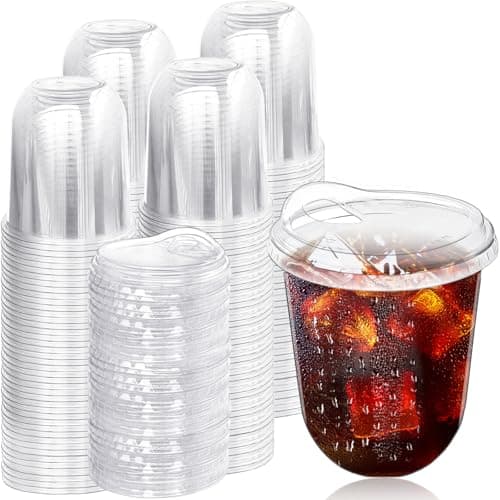 Alaeseje 100 Pack Clear Plastic Cups with Strawless Sip Lids,12 oz Iced Coffee Cups with Lids,Disposable PET Crystal Cups,Round Bottom To Go Cup for Iced Coffee Juice Smoothie Cold Beverage