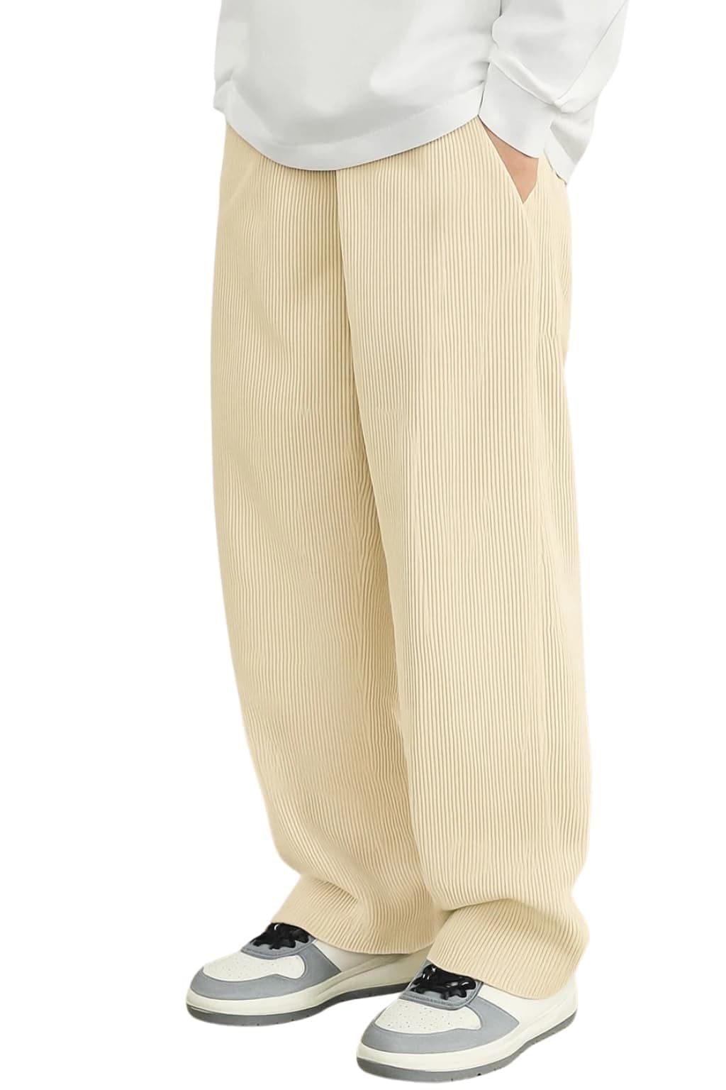 INKKR Men's Polycotton Causal Lightweight Elastic Waist with Drawstring Comfortable Loose Fit Trouser Pant Beige