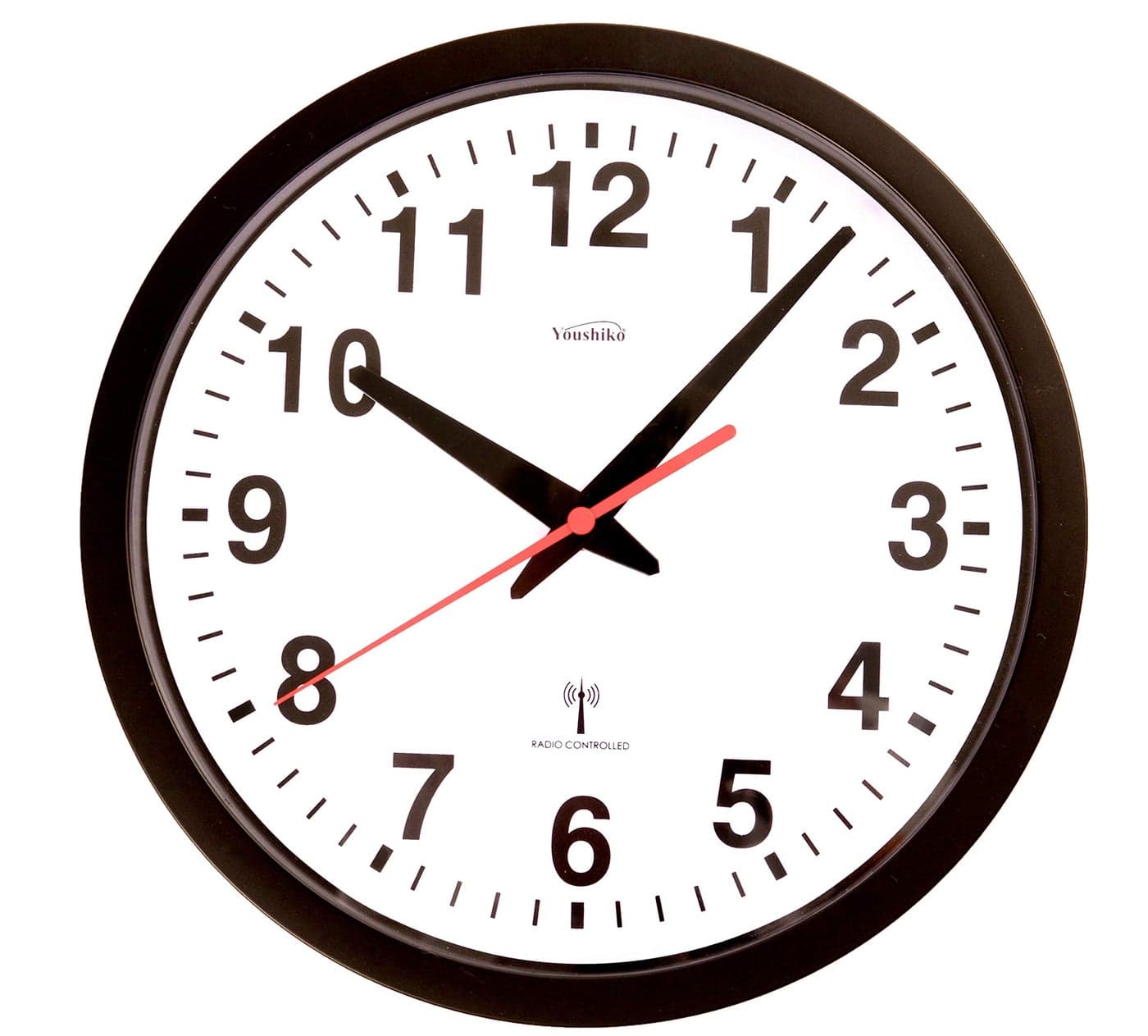 Youshiko Radio Controlled Wall Clock Official UK Ireland Version Stylish Black White Bold Classic Design 25cm 10Inch Diameter HomeKitchenOfficeSchool Clock Easy to Read
