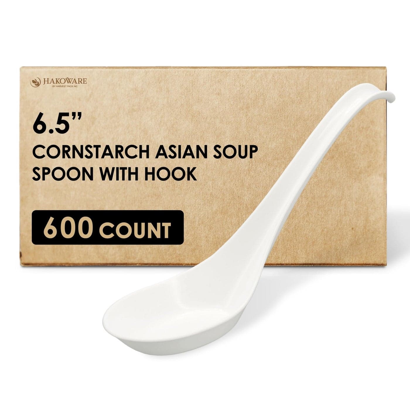 600 COUNT HAKOWARE Disposable Large Asian Soup Spoons with Hook made from Crystalized Cornstarch for Takeout Ramen Pho Noodles Disposable Utensils Bulk Size Durable