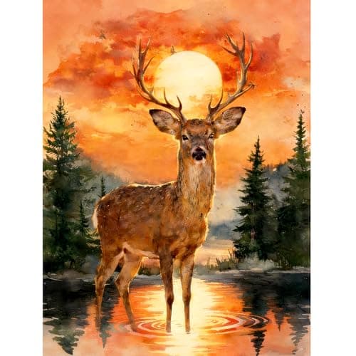 DIYDECORFUN Deer Diamond Art Kits for Adults Beginners Animal Diamond Painting Kit DIY Full Round Drill Forest Lanscape Diamond Dot 5D Gem Arts Crafts for Home Wall Decor RelaxingGift 12x16 Inch