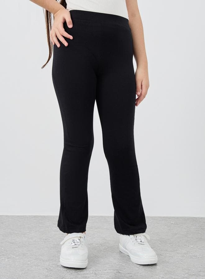 Girls Black Solid Elasticated Waistband Flared Leggings