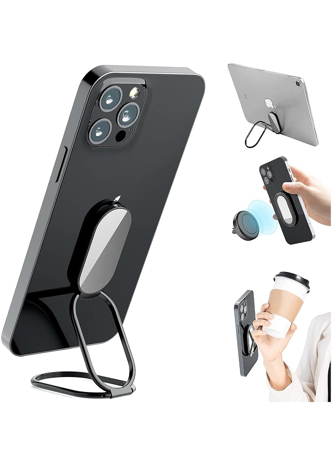 Phone Ring Holder Finger Kickstand 360° Rotation Cell Phone Ring Holder Stand Metal Phone Back Grip for Magnetic Car Mount Foldable Cell Phone Stand Compatible with Most Smartphones Black