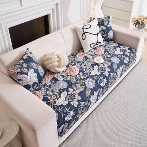 HOMETHREADS Premium Korean Style Cotton Sofa Seat Cover – Breathable, Anti-Skid & Machine Washable Couch Protector for a Modern & Cozy Living Space (Blue_Rose, 2 Seater | 140x75cm)