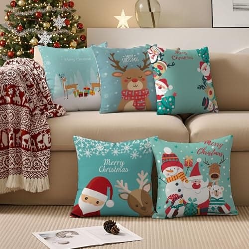 STITCHNEST Christmas Cushion Cover for House, Xmas Decorations (12x12 inches, Multicolour) -Set of 5