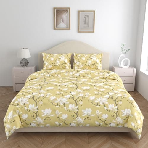 haus & kinder Bedsheet Queen Size Bed Cotton | 144 TC Bed Sheet Double Bed with 2 Pillow Covers (100 x 90 Inches) | Soft Breathable Fabric - Golden Bloom Trellis