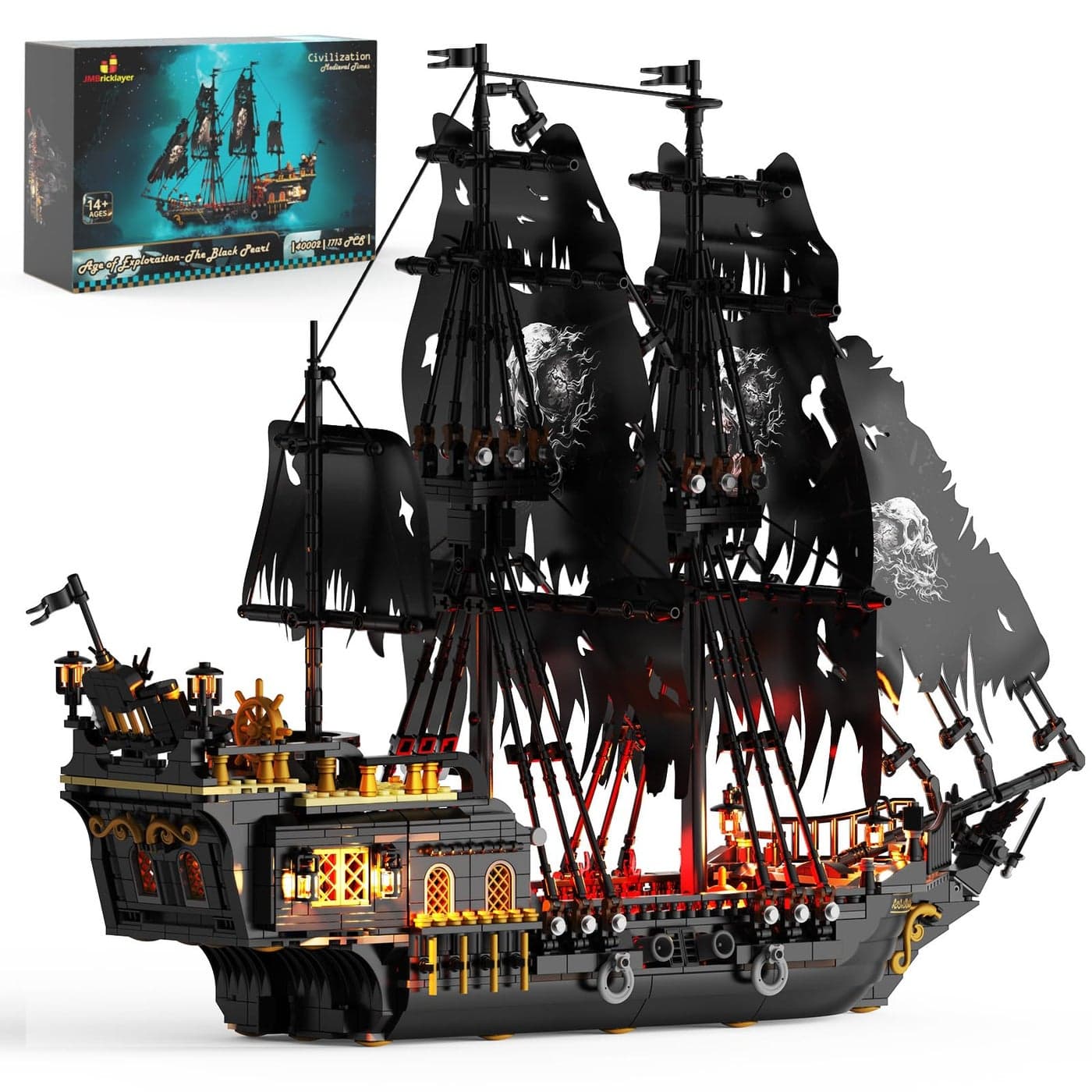 JMBricklayer Pirate Ship Building Toys with Lights Pearl Pirate Ship Model Boat Kit 40002 Black Ship Toy Building Sets for Adult Teens 14 Home Office Decor1713 PCS New Upgrade