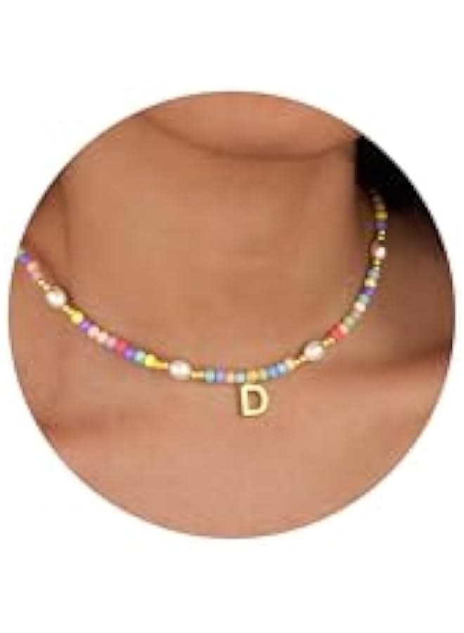 Cute Initial Necklaces for Girls Women Trendy Dainty Colorful Beaded Pearl Letter Choker Lockets Necklace for Kids Handmade 14K Gold Plated Birthday Jewelry Gifts for Teen Girls