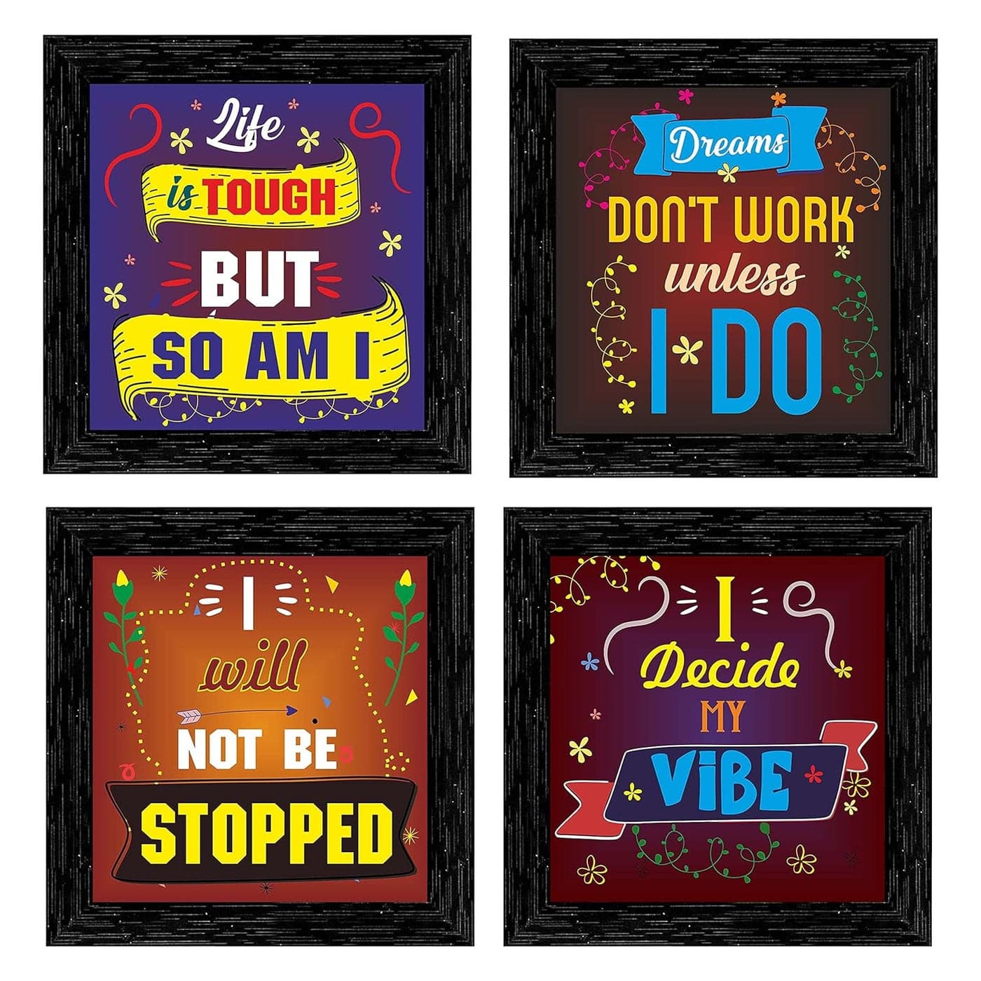 Indianara Set of 4 Motivational Decor Framed Wall Hanging Laminated Paintings Matt Art Prints 95 inch x 95 inch each without Glass 4001BK
